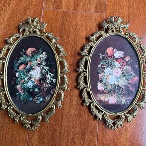 Lot Of 2 Pair Vintage Brass Oval Hanging Ornate Flowers Picture Frames Italy 8”.